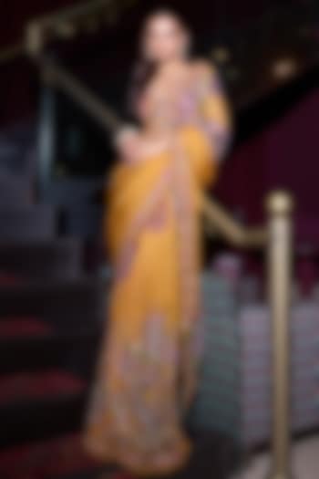 Kesar Yellow Organza Hand Embroidered Pre-Draped Saree Set by Mahima Mahajan at Pernia's Pop Up Shop