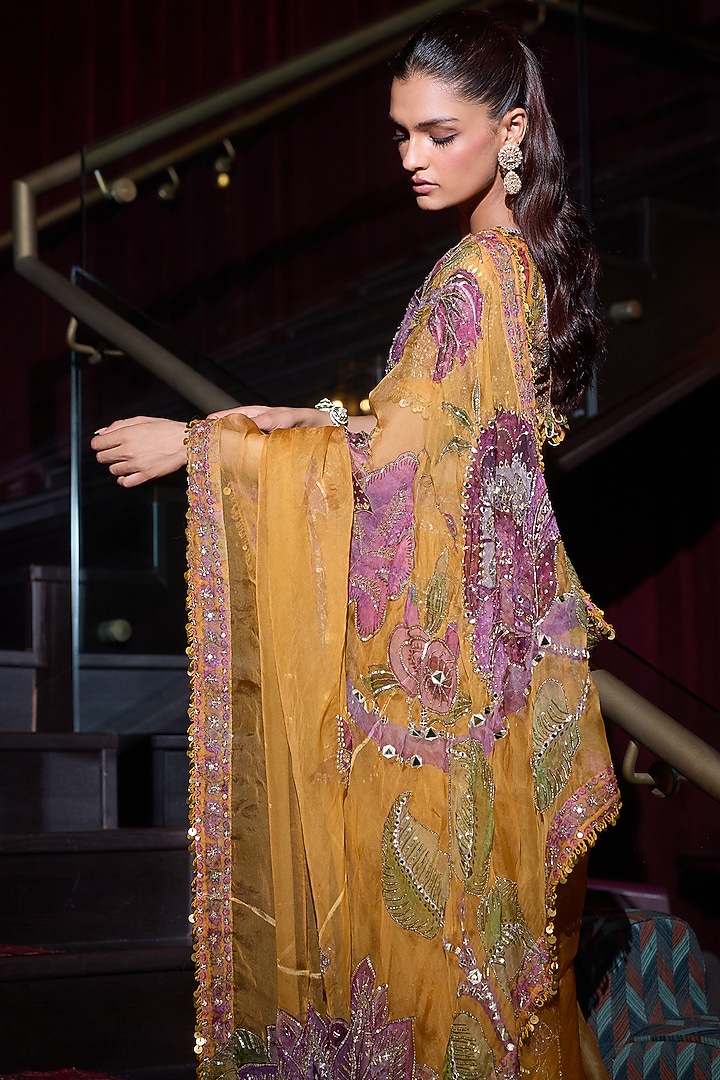 Kesar Yellow Organza Hand Embroidered Pre-Draped Reception Saree Set by Mahima Mahajan at Pernia's Pop Up Shop