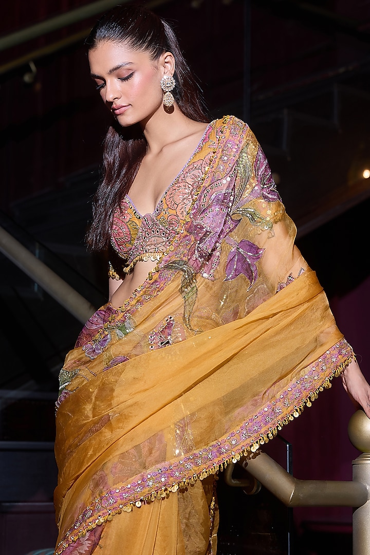 Kesar Yellow Organza Hand Embroidered Pre-Draped Reception Saree Set by Mahima Mahajan at Pernia's Pop Up Shop