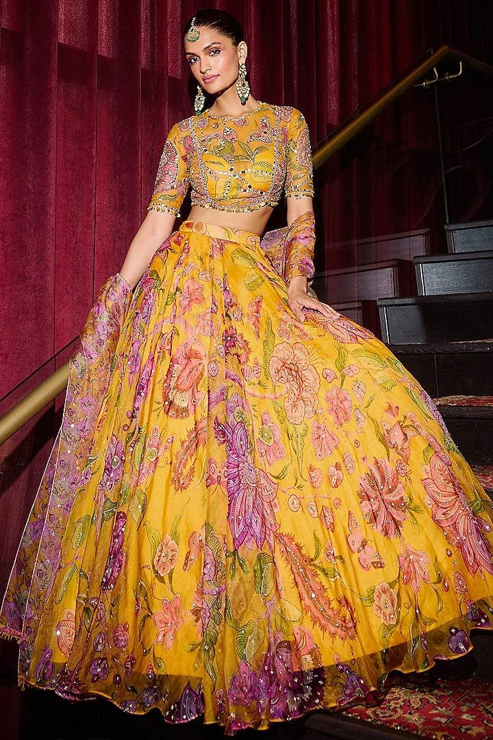 Kesar Yellow Organza Hand Embroidered Wedding Lehenga Set by Mahima Mahajan at Pernia's Pop Up Shop