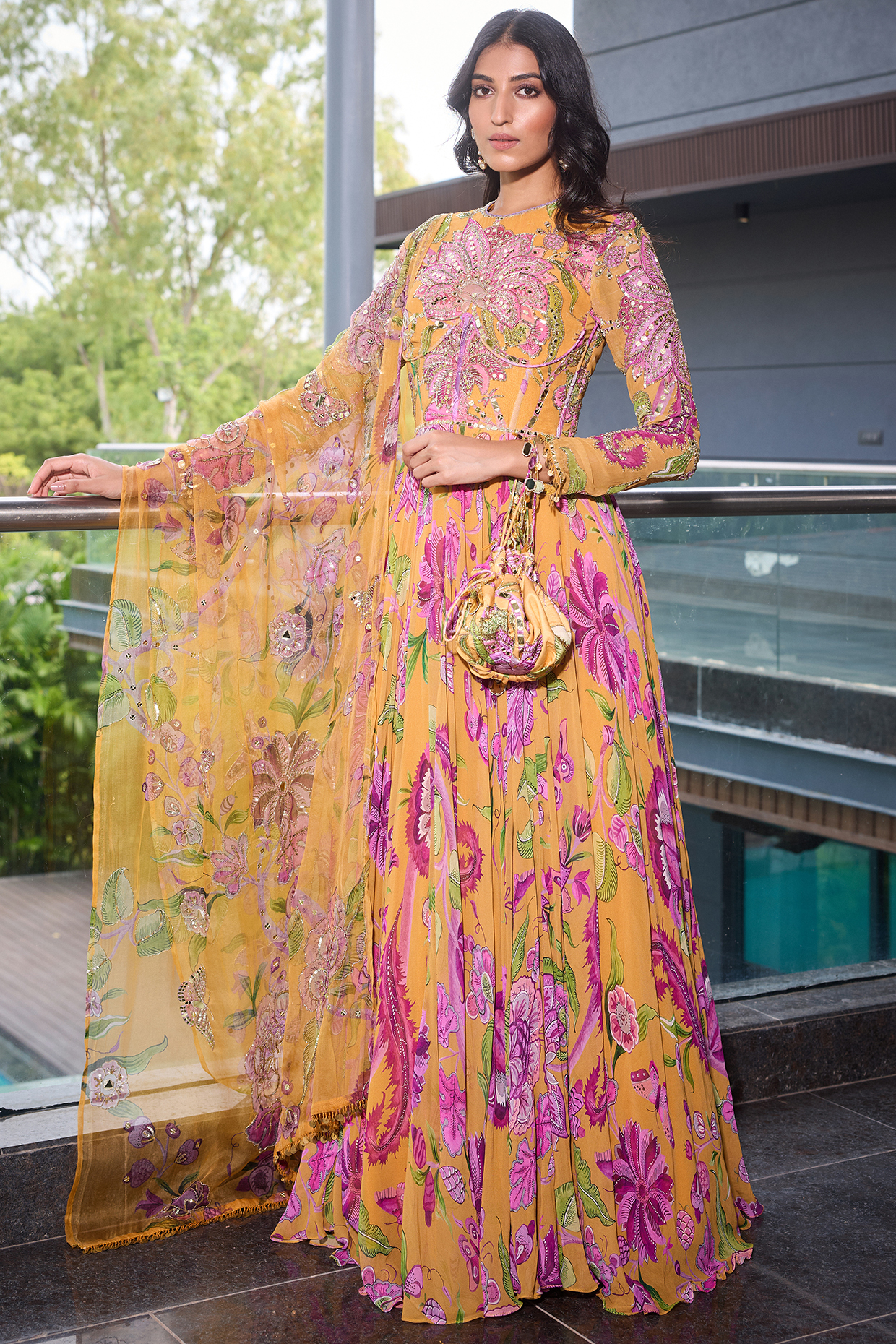 Kesar Yellow Organza & Georgette Hand Embroidered Wedding Anarkali Set by Mahima Mahajan at Pernia's Pop Up Shop