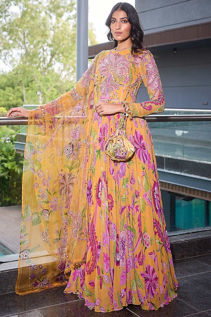 Kesar Yellow Organza & Georgette Hand Embroidered Wedding Anarkali Set by Mahima Mahajan at Pernia's Pop Up Shop