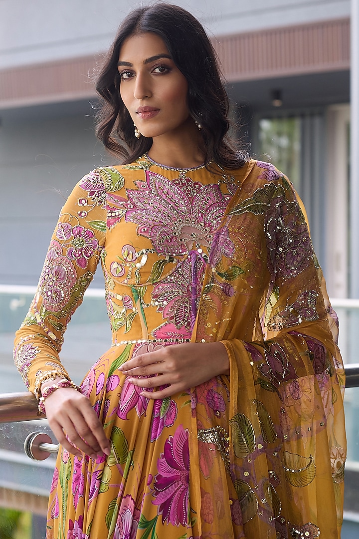 Kesar Yellow Organza & Georgette Hand Embroidered Wedding Anarkali Set by Mahima Mahajan at Pernia's Pop Up Shop