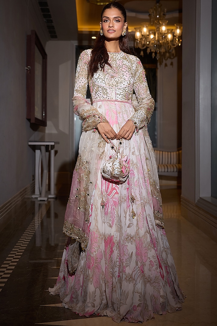 Rose Pink Organza & Georgette Hand Embroidered Anarkali Set by Mahima Mahajan at Pernia's Pop Up Shop