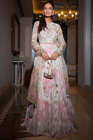 Rose Pink Organza & Georgette Hand Embroidered Anarkali Set by Mahima Mahajan