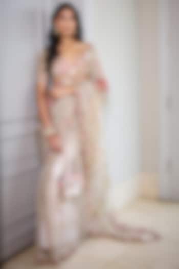 Rose Pink Organza Hand Embroidered Pre-Draped Reception Saree Set by Mahima Mahajan at Pernia's Pop Up Shop