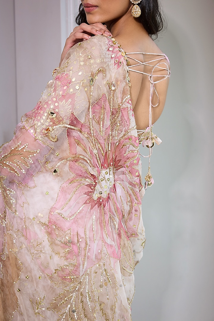 Rose Pink Organza Hand Embroidered Pre-Draped Reception Saree Set by Mahima Mahajan at Pernia's Pop Up Shop