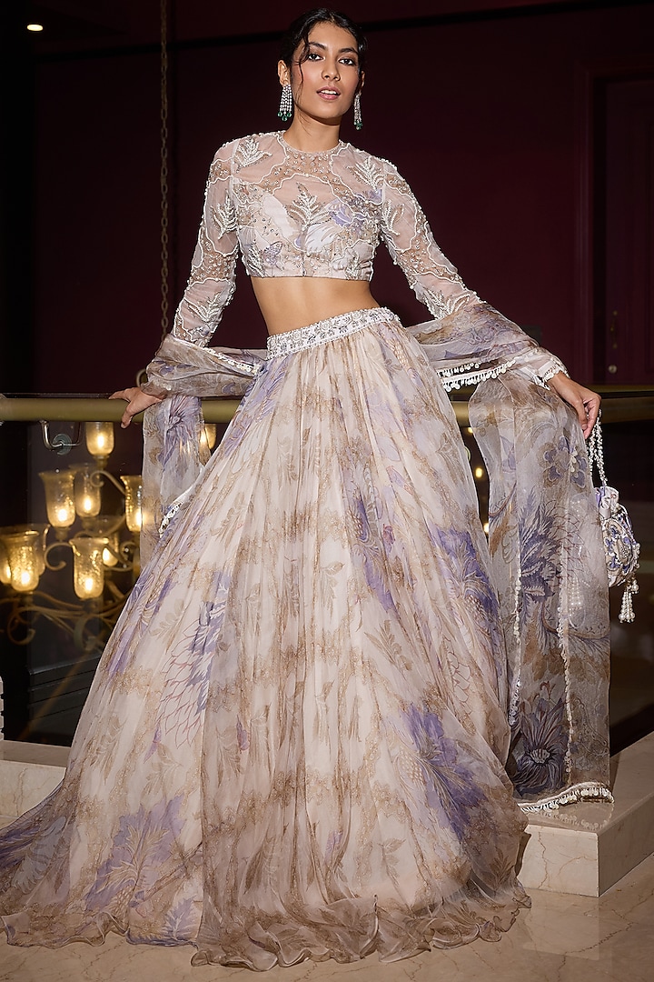 Ocean Blue Organza Wedding Lehenga Set by Mahima Mahajan at Pernia's Pop Up Shop