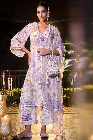 Ocean Blue Satin Organza Hand Embroidered Kurta Set by Mahima Mahajan