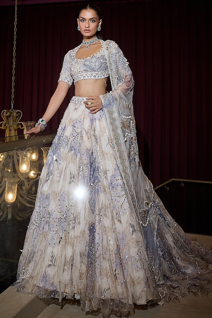 Ocean Blue Organza Hand Embroidered Bridal Lehenga Set by Mahima Mahajan at Pernia's Pop Up Shop