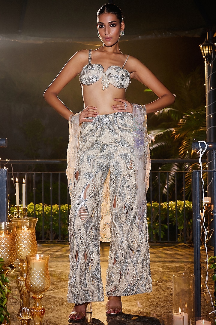 Ocean Blue Organza & Cotton Crepe Embroidered Pant Set by Mahima Mahajan at Pernia's Pop Up Shop