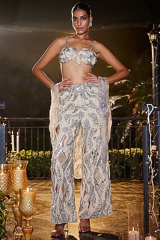 Ocean Blue Organza & Cotton Crepe Embroidered Pant Set by Mahima Mahajan