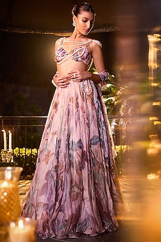 Carnation Pink Organza Lehenga Set by Mahima Mahajan