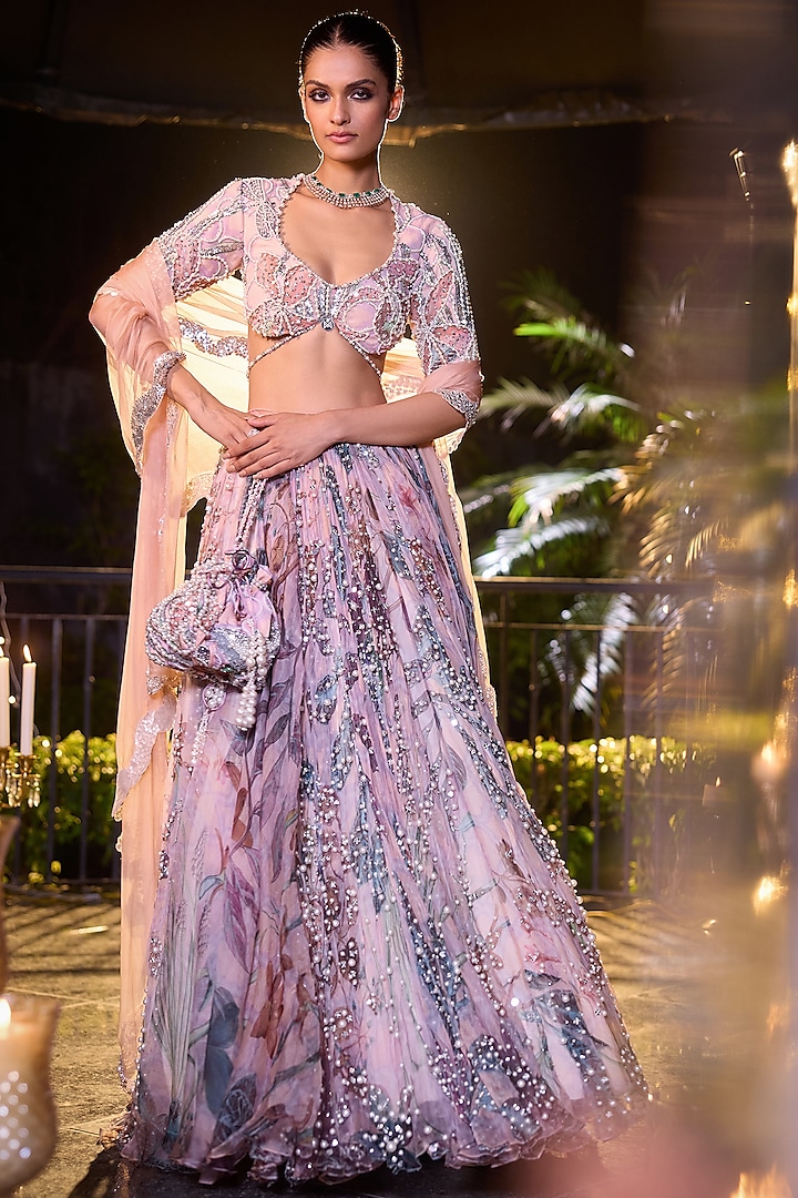 Carnation Pink Organza Hand Embroidered Bridal Lehenga Set by Mahima Mahajan at Pernia's Pop Up Shop
