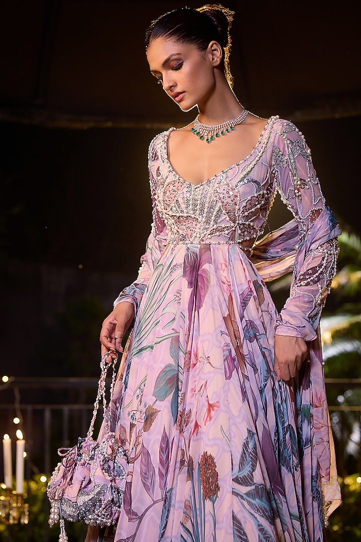 Carnation Pink Organza & Georgette Hand Embroidered Wedding Anarkali Set by Mahima Mahajan at Pernia's Pop Up Shop