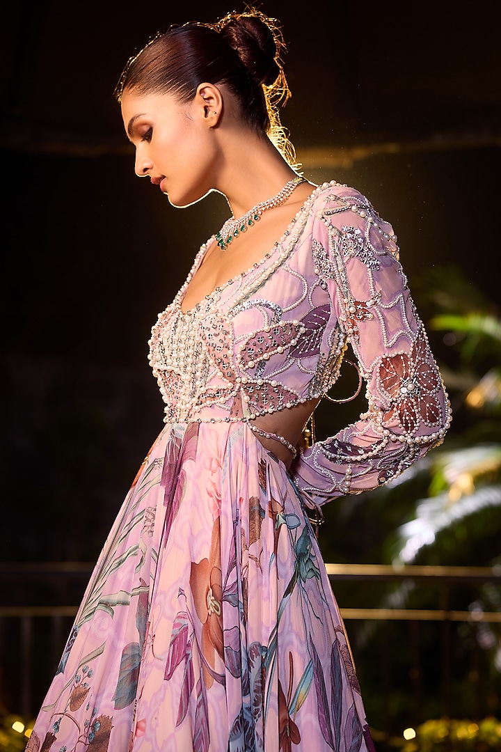 Carnation Pink Organza & Georgette Hand Embroidered Wedding Anarkali Set by Mahima Mahajan at Pernia's Pop Up Shop