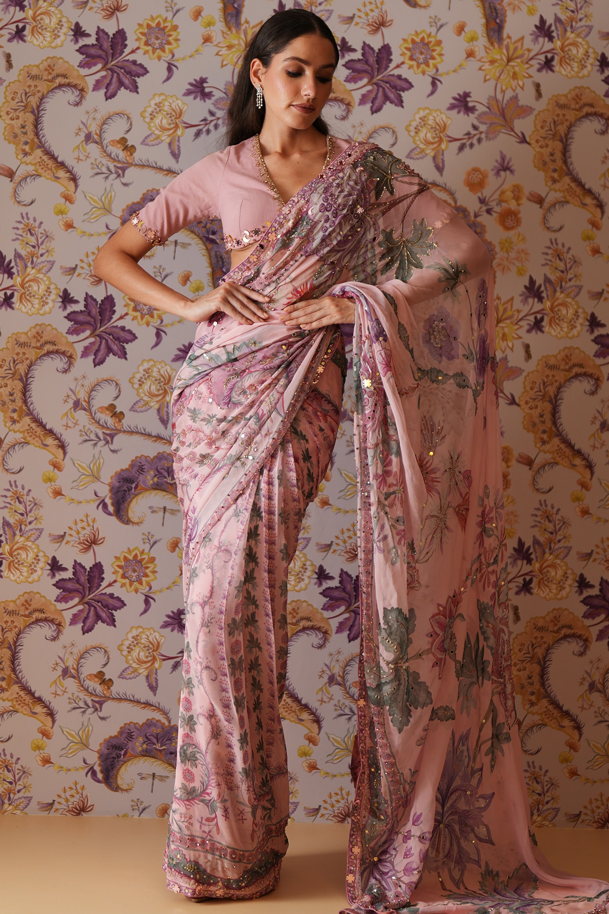 Mahima Mahajan Blush Pink Georgette Printed & Hand Embroidered Pre-Draped Saree Set