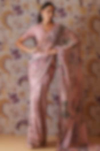 Blush Pink Georgette Printed & Hand Embroidered Pre-Draped Wedding Saree Set by Mahima Mahajan at Pernia's Pop Up Shop