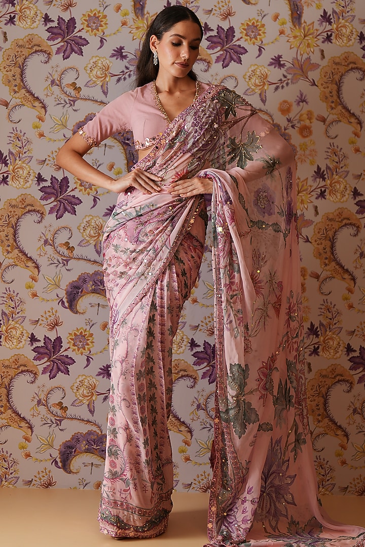 Blush Pink Georgette Printed & Hand Embroidered Pre-Draped Wedding Saree Set by Mahima Mahajan at Pernia's Pop Up Shop