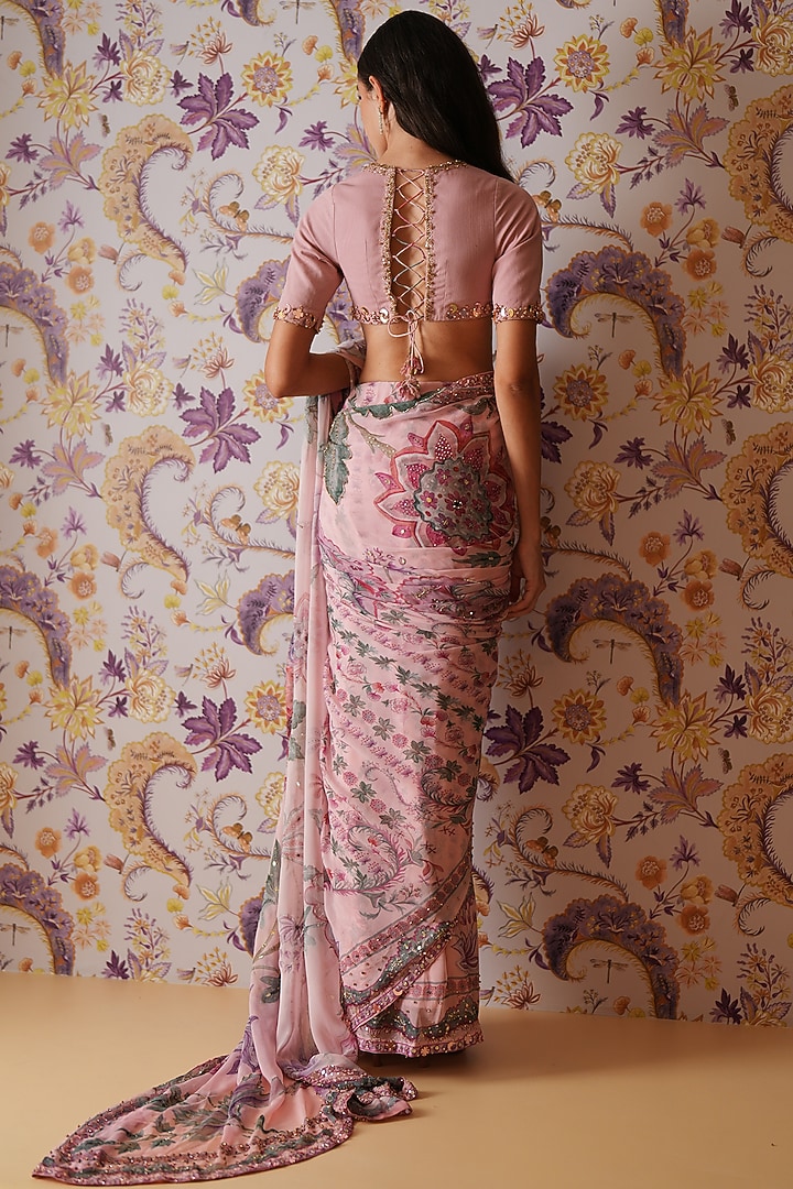 Blush Pink Georgette Printed & Hand Embroidered Pre-Draped Wedding Saree Set by Mahima Mahajan at Pernia's Pop Up Shop