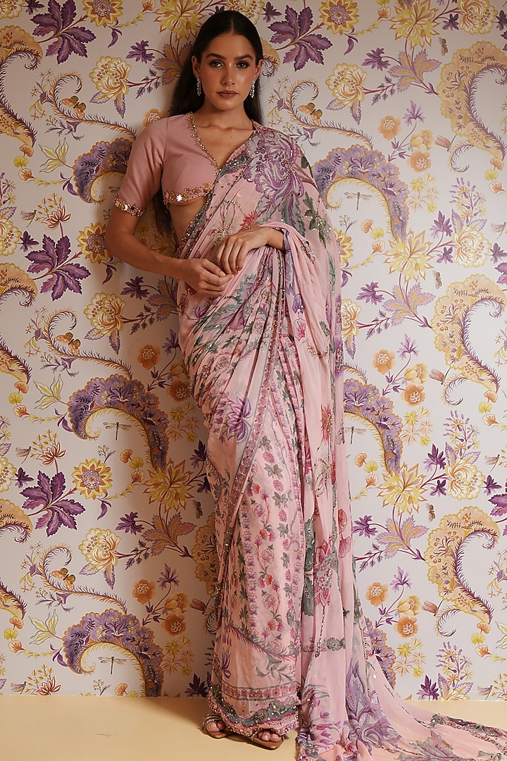 Blush Pink Georgette Printed & Hand Embroidered Pre-Draped Wedding Saree Set by Mahima Mahajan at Pernia's Pop Up Shop