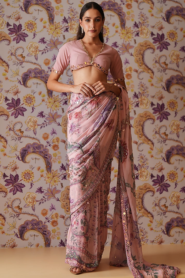 Blush Pink Georgette Printed & Hand Embroidered Pre-Draped Wedding Saree Set by Mahima Mahajan at Pernia's Pop Up Shop