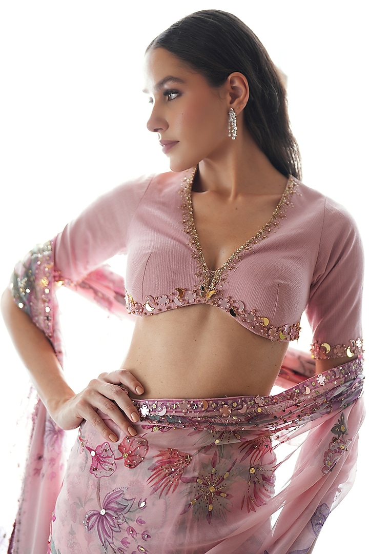 Blush Pink Georgette Printed & Hand Embroidered Pre-Draped Wedding Saree Set by Mahima Mahajan at Pernia's Pop Up Shop