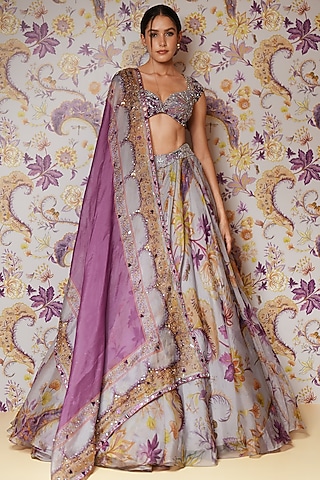 Steel Lilac Silk Organza Printed Lehenga Set by Mahima Mahajan