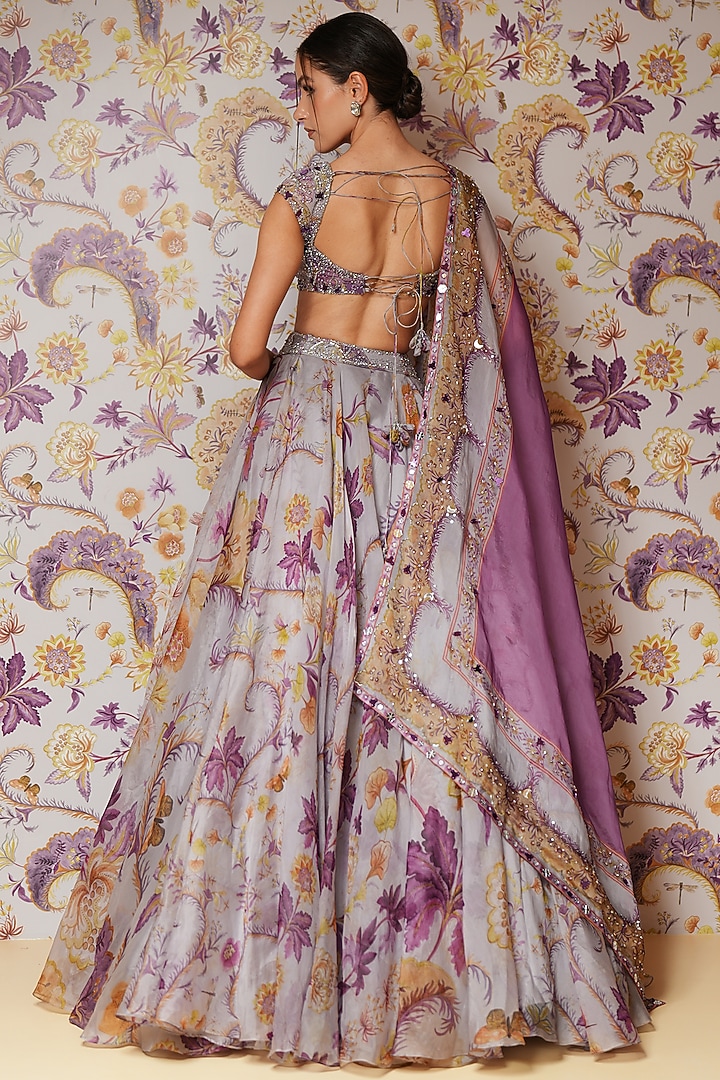 Steel Lilac Silk Organza Printed Wedding Lehenga Set by Mahima Mahajan at Pernia's Pop Up Shop