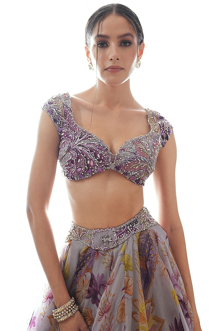 Steel Lilac Silk Organza Printed Wedding Lehenga Set by Mahima Mahajan at Pernia's Pop Up Shop