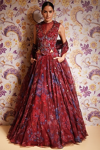 Royal Red Silk Organza Printed Lehenga Set by Mahima Mahajan