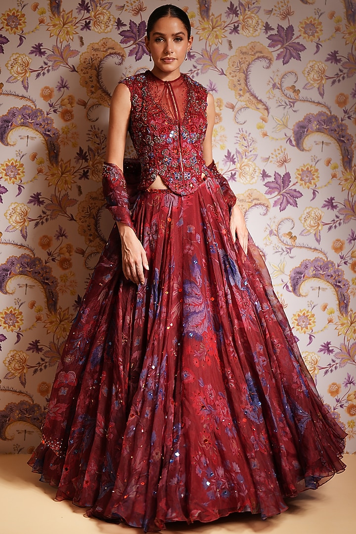 Royal Red Silk Organza Printed Wedding Lehenga Set by Mahima Mahajan at Pernia's Pop Up Shop
