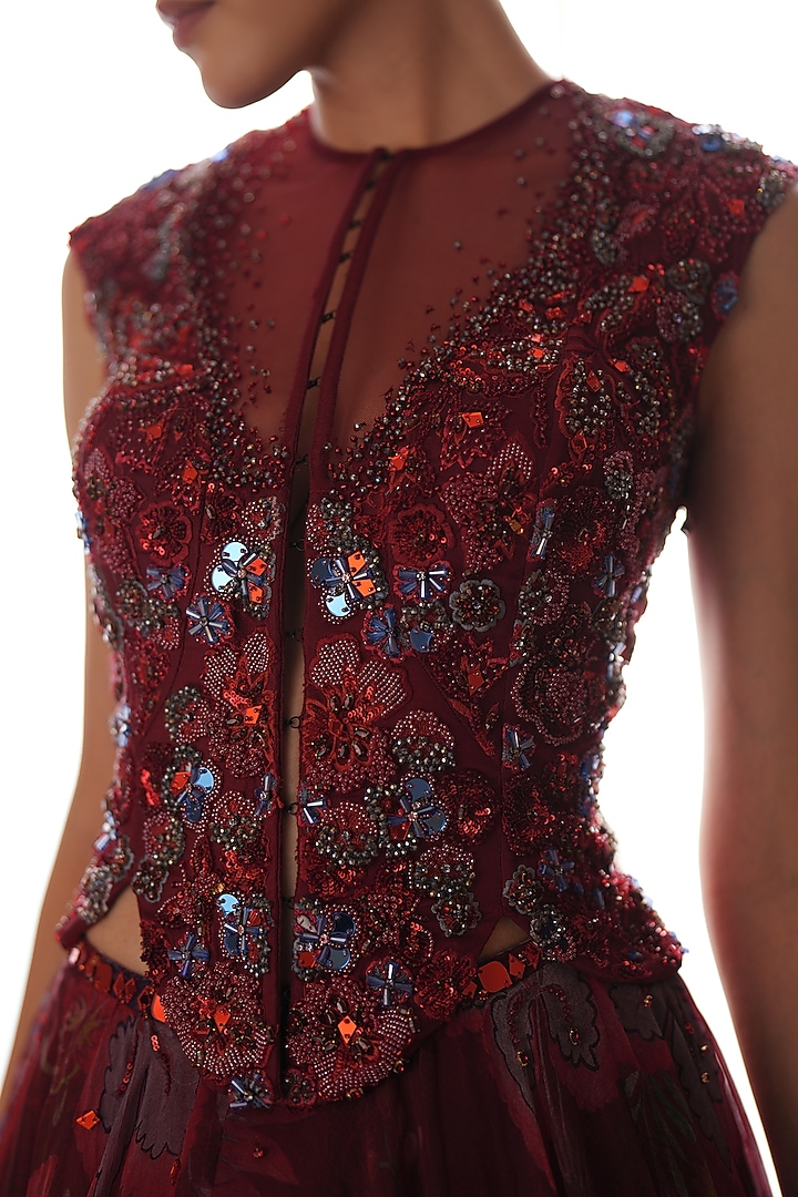 Royal Red Silk Organza Printed Wedding Lehenga Set by Mahima Mahajan at Pernia's Pop Up Shop