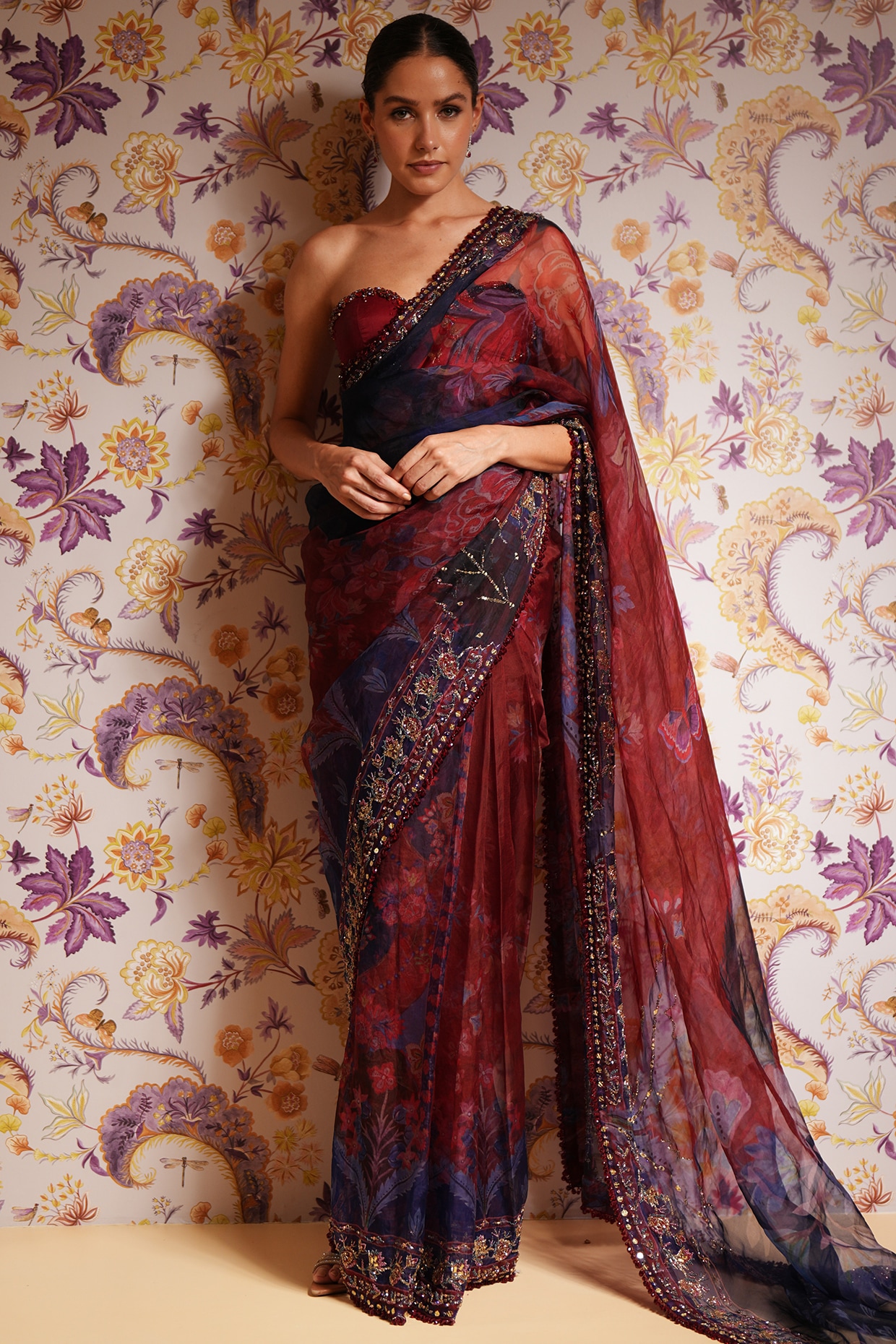 Mahima Mahajan Royal Red Silk Organza Printed Pre-Draped Saree Set