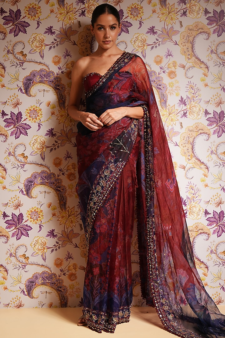 Royal Red Silk Organza Printed Pre-Draped Reception Saree Set by Mahima Mahajan at Pernia's Pop Up Shop