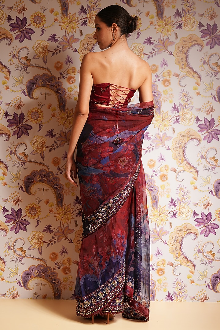 Royal Red Silk Organza Printed Pre-Draped Reception Saree Set by Mahima Mahajan at Pernia's Pop Up Shop