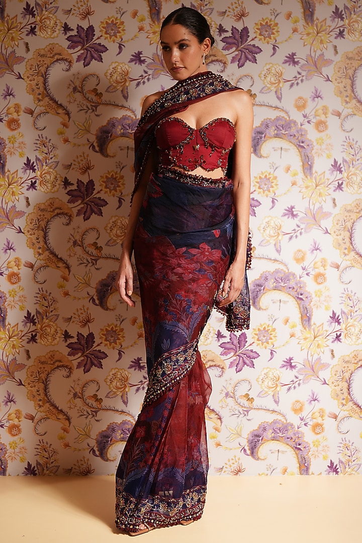 Royal Red Silk Organza Printed Pre-Draped Reception Saree Set by Mahima Mahajan at Pernia's Pop Up Shop