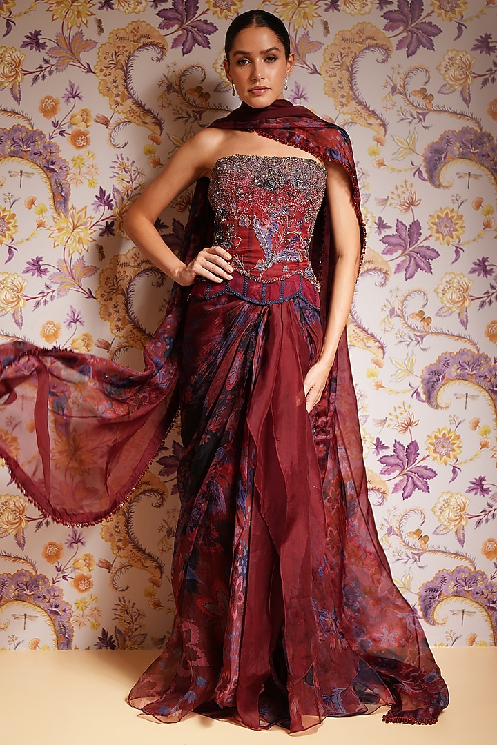 Royal Red Silk Organza Printed Draped Skirt Set by Mahima Mahajan at Pernia's Pop Up Shop
