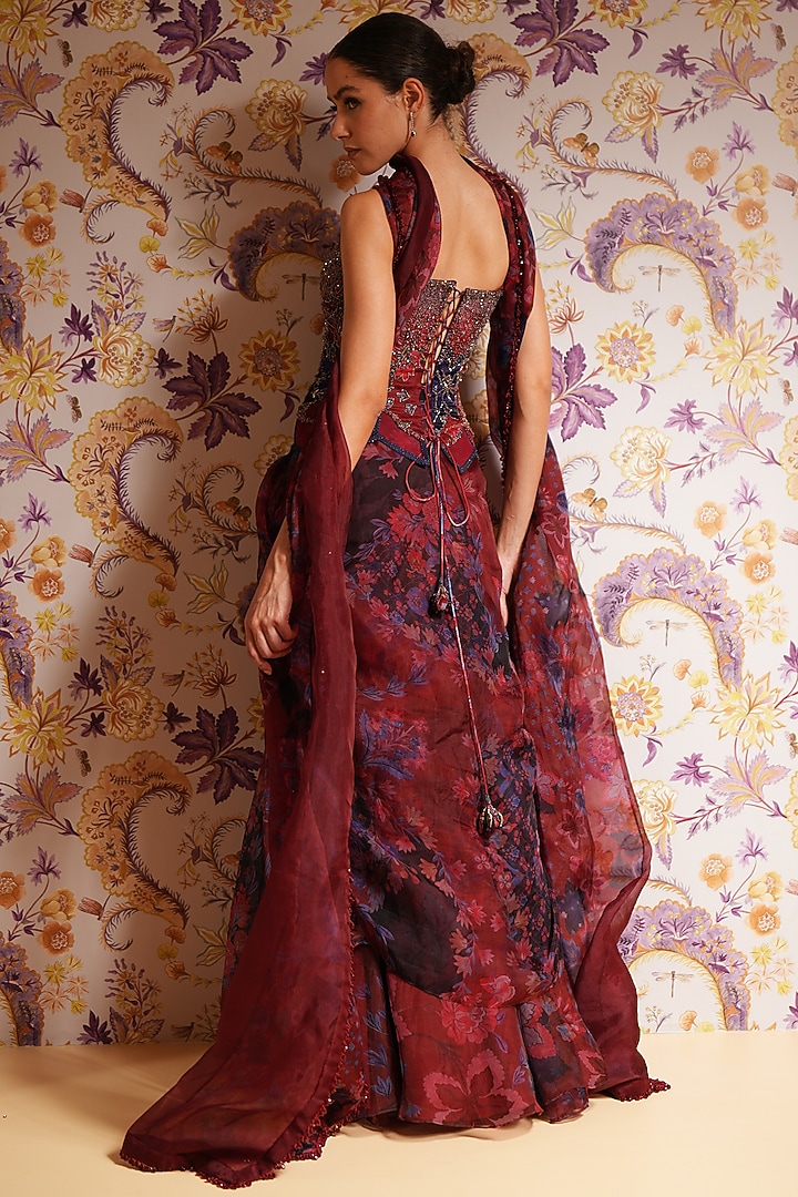 Royal Red Silk Organza Printed Draped Skirt Set by Mahima Mahajan at Pernia's Pop Up Shop