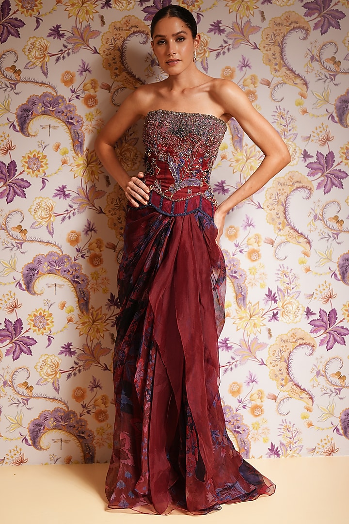 Royal Red Silk Organza Printed Draped Skirt Set by Mahima Mahajan at Pernia's Pop Up Shop