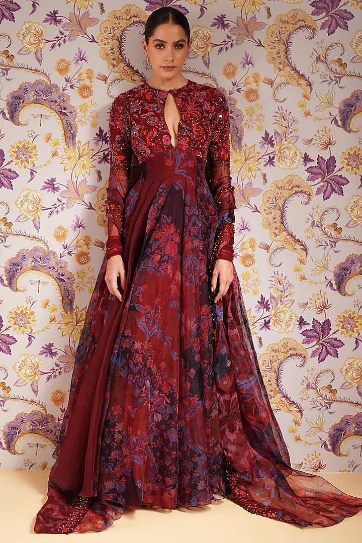 Royal Red Silk Organza Hand Embroidered Bridal Anarkali Set by Mahima Mahajan at Pernia's Pop Up Shop