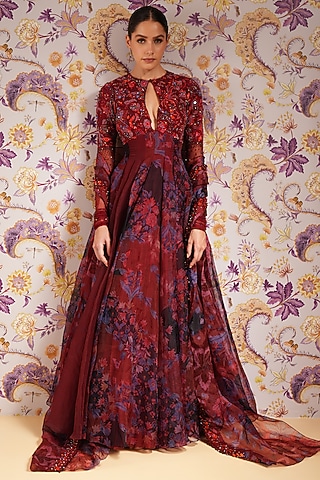Royal Red Silk Organza Hand Embroidered Anarkali Set by Mahima Mahajan