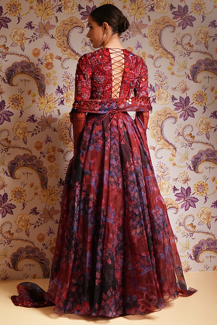 Royal Red Silk Organza Hand Embroidered Bridal Anarkali Set by Mahima Mahajan at Pernia's Pop Up Shop
