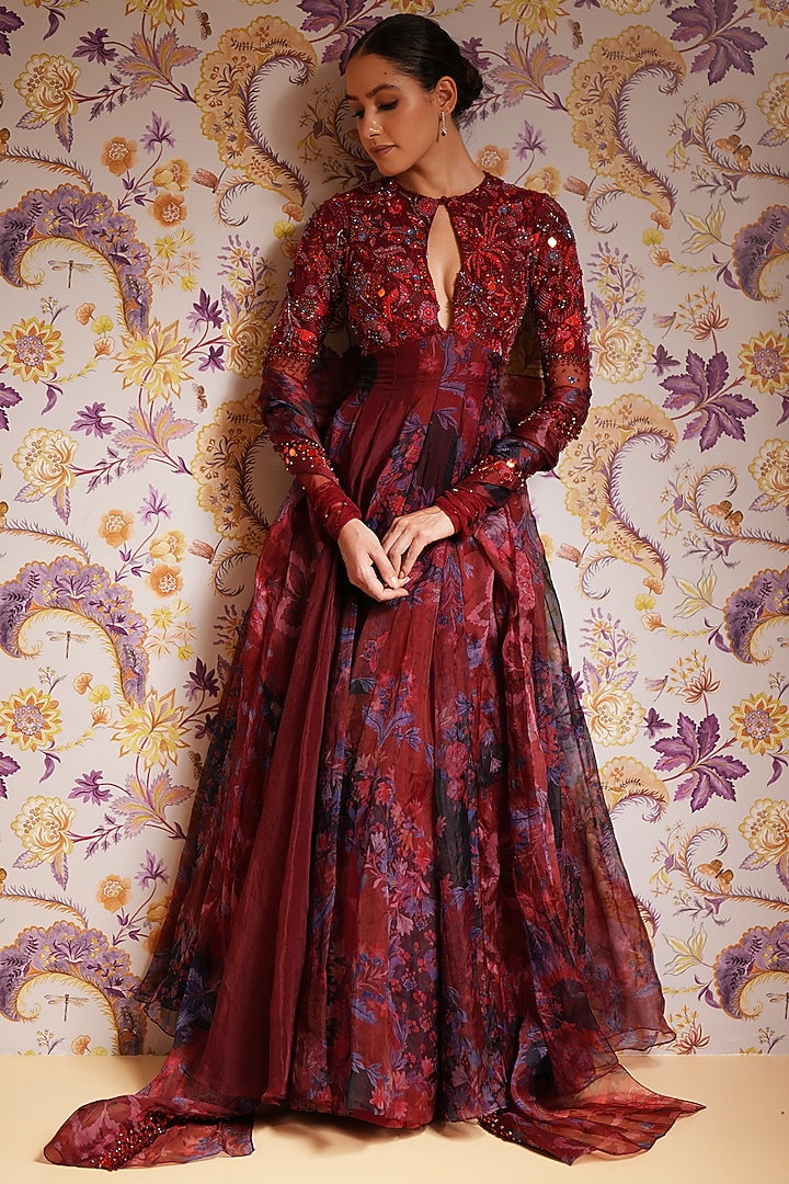 Royal Red Silk Organza Hand Embroidered Bridal Anarkali Set by Mahima Mahajan at Pernia's Pop Up Shop