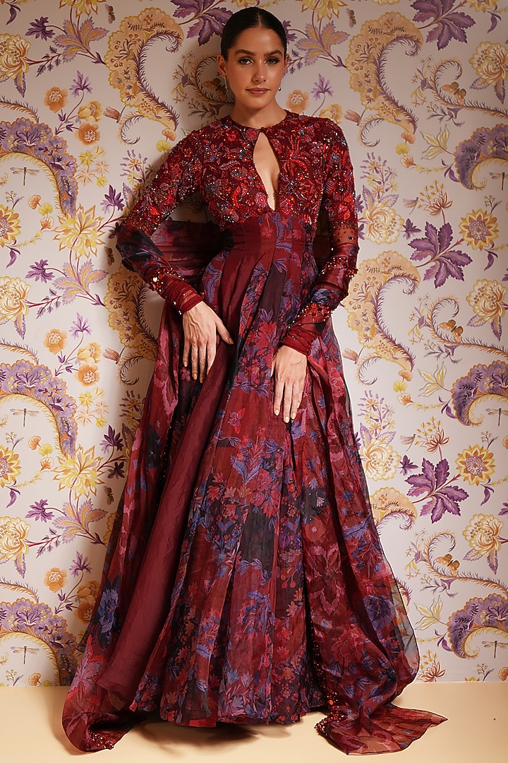 Royal Red Silk Organza Hand Embroidered Bridal Anarkali Set by Mahima Mahajan at Pernia's Pop Up Shop