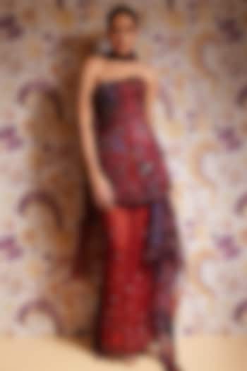 Royal Red Silk Organza Hand Embroidered Draped Skirt Set by Mahima Mahajan at Pernia's Pop Up Shop