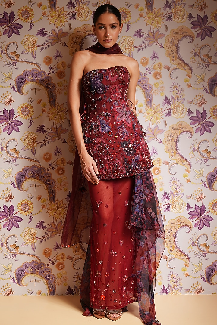 Royal Red Silk Organza Hand Embroidered Draped Skirt Set by Mahima Mahajan at Pernia's Pop Up Shop