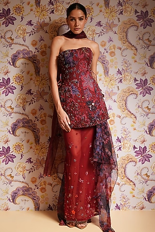 Royal Red Silk Organza Hand Embroidered Draped Skirt Set by Mahima Mahajan
