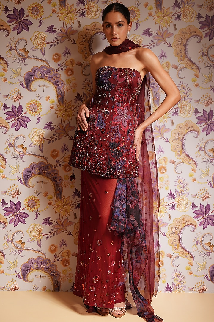 Royal Red Silk Organza Hand Embroidered Draped Skirt Set by Mahima Mahajan at Pernia's Pop Up Shop