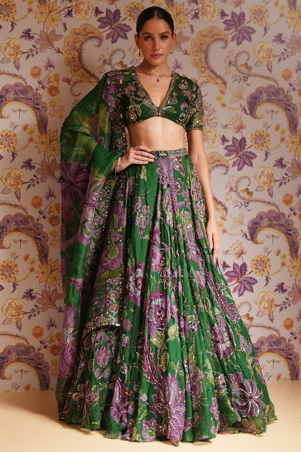 Mahima Mahajan Green Silk Organza Printed Lehenga Set